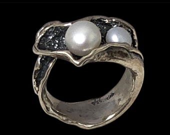 Vintage Israeli Artisan Sterling Silver Pearl Ring