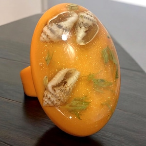 May include: An orange resin ring with an oval top. The top is embedded with seashells and small green plant-like elements, with gold glitter throughout. The ring is a bright, solid orange color.