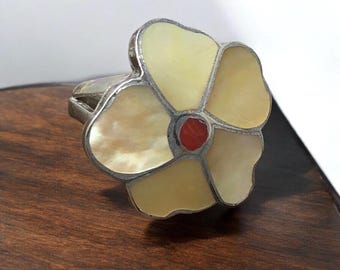 Zuni Rosita Wallace Mother of Pearl Flower Ring with Coral Center