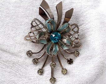 Vintage Aqua Color Glass Rhinestone & Enamel Brooch