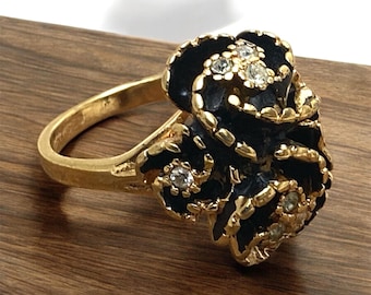 Vintage Black Enamel & Rhinestone Statement Ring, Signed 18K HGE S