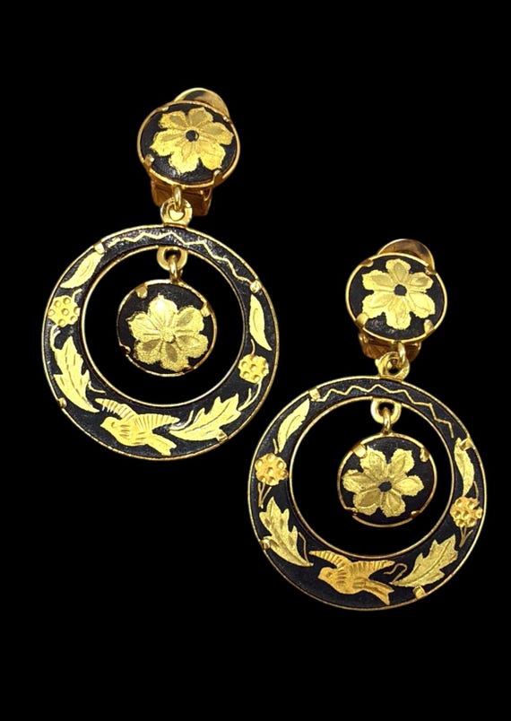 Vintage Damascene Clip-On Hoop Earrings with Center Dangle