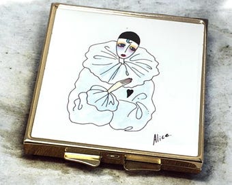 Vintage Compact with Mirror - Pierrot figure signed "Alice"