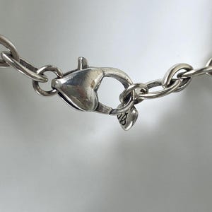 May include: Close-up of a silver necklace clasp and chain. The chain links are oval-shaped and connected to a heart-shaped clasp. The clasp is closed and attached to the chain. The necklace is on a white background.