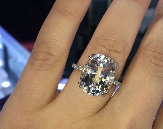 14 Karat White Gold Diamond Oval Shape White Topaz Under Halo Wedding Ring Engagement Ring Promise Ring Anniversary Ring White Gold Yellow