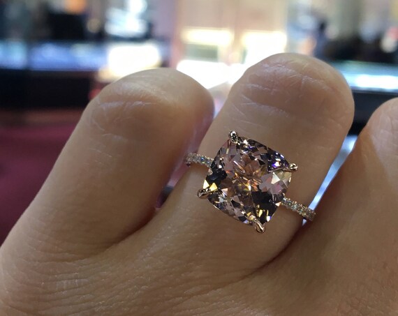 14 Karat Rose Gold Diamond Cushion Cut Morganite Double Under Halo Wedding Ring Engagement Ring Promise Ring Anniversary Ring