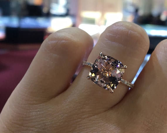 14 Karat Rose Gold Diamond Cushion Cut Morganite Double Under Halo Wedding Ring Engagement Ring Promise Ring Anniversary Ring