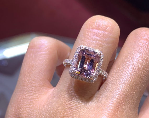 14K Rose Gold Natural Morganite Diamond 2D Halo Ring Emerald Cut w/ 3D Band Shape Art Deco Antique Engagement Ring Ring Promise White Gold