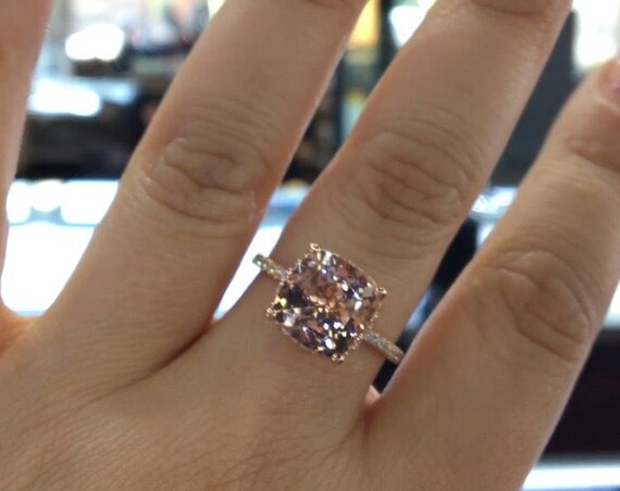 14 Karat Rose Gold Diamond Cushion Cut Shape Morganite Under Halo Wedding Ring Engagement Ring Promise Ring Anniversary Ring White Gold