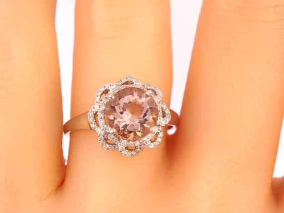 14K White Gold Diamond Round Morganite Engagement Ring Wedding Ring Art Deco Ring Antique Ring Promise Ring Pave Ring Yellow Gold Rose Gold