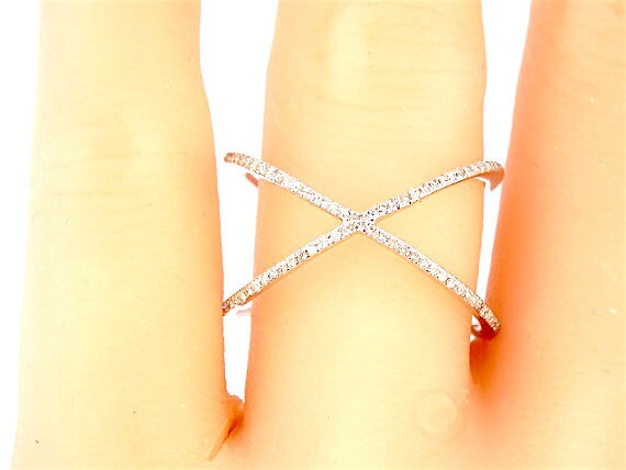 14K White Gold Diamond X Band Anniversary Band Fashion Criss Cross X Ring Right Hand Ring Wedding Band Art Deco Style Band Yellow Rose Gold