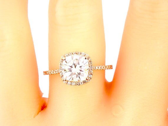 14K Rose Gold Diamond Halo 7MM Cushion Cut Forever Brilliant Engagement Ring Wedding Ring Promise Ring Yellow Gold White Gold Platinum 18K