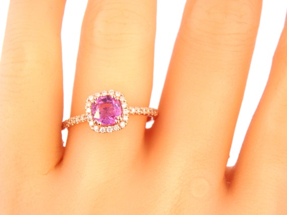 14K Rose Gold Cushion Cut Pink Sapphire Diamond Halo Engagement Ring Wedding Ring Anniversary Ring Promise Solitaire Ring Alternative Ring