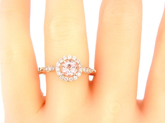 14K Rose Gold Round Brilliant Morganite & Diamond Halo Engagement Ring Anniversary Ring Wedding Ring Art Deco Ring Antique Ring White Yellow