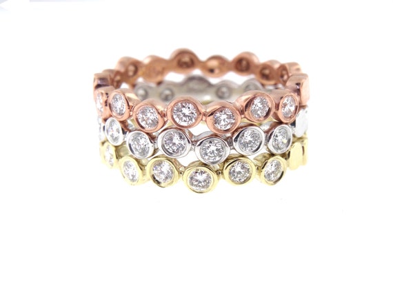 14K Tri-Color Bezel Set Diamond Band Anniversary Band Wedding Band Stackable Band Promise Ring Yellow Gold White Gold Rose Gold Fashion 18K