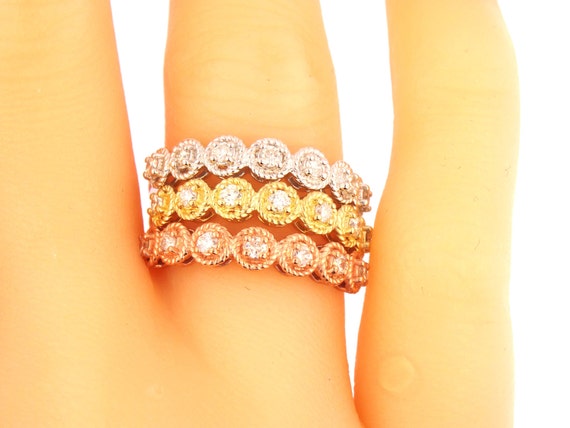 14K Tri-Color Bezel Set Diamond Band Anniversary Band Wedding Band Stackable Band Promise Ring Yellow Gold White Gold Rose Gold Platinum 18K