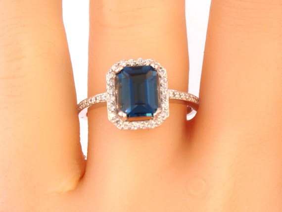 14K White Gold Emerald Cut London Blue Topaz Diamond Engagement Ring Wedding Ring Anniversary Ring Promise Ring Art Deco Yellow Rose Gold