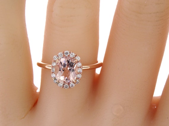 14K Rose Gold Diamond Oval Morganite Engagement Ring Wedding Ring Art Deco Ring Antique Promise Ring Classic Halo Yellow Gold White Gold