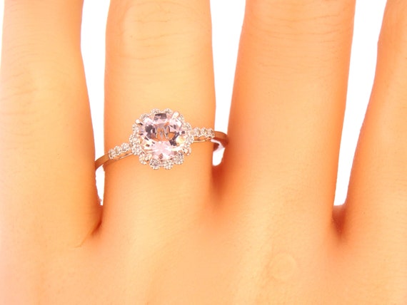 14K White Gold Diamond Round Morganite Engagement Ring Wedding Ring Art Deco Ring Antique Ring Promise Ring Pave Ring Yellow Gold Rose Gold