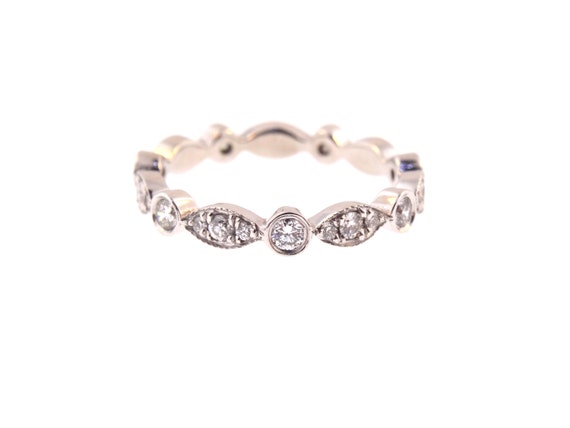 14K White Gold Diamond Antique Style Art Deco Bezel Set Eternity Band Wedding Band Anniversary Band Stackable Band Yellow Rose Gold 18K