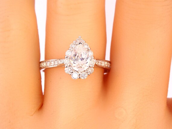 14K White Gold Pear Shape Diamond Halo Ring Art Deco Antique Engagement Ring Wedding Ring Birthstone Ring Promise Ring Rose Gold Yellow Gold