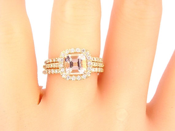 14K Yellow Gold Diamond and Cushion Cut Morganite 3 Piece Wedding Set Wedding Ring Engagement Ring Art Deco Antique Classic Halo White Gold