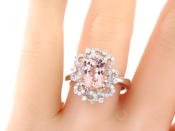 14K White Gold Oval Shape Morganite & Diamond Halo Engagement Ring Wedding Ring Anniversary Ring Art Deco Ring Antique Ring Yellow Rose Gold