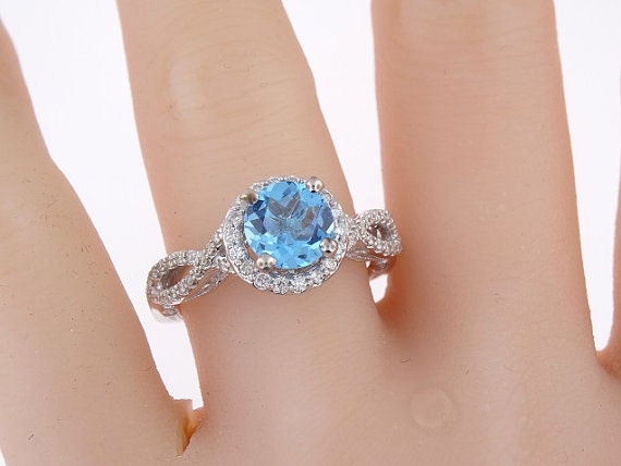 14K White Gold Diamond and Natural Blue Topaz Engagement Ring Wedding Ring Anniversary Ring Birthstone Ring Art Deco Ring Criss Cross Ring