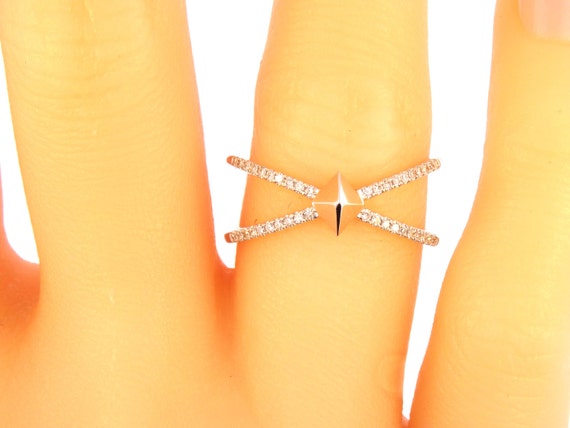 14k White Gold Diamond X Band Criss Cross Ring Wedding Ring Fashion Ring Anniversary Band Split Shank Yellow Gold Rose Gold Wedding Ring