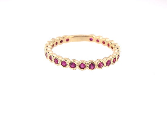 14K Yellow Gold Natural Ruby 3/4 Eternity Bezel Set Band Anniversary Band Birthstone Band Art Deco Band Stackable Band Antique Band White
