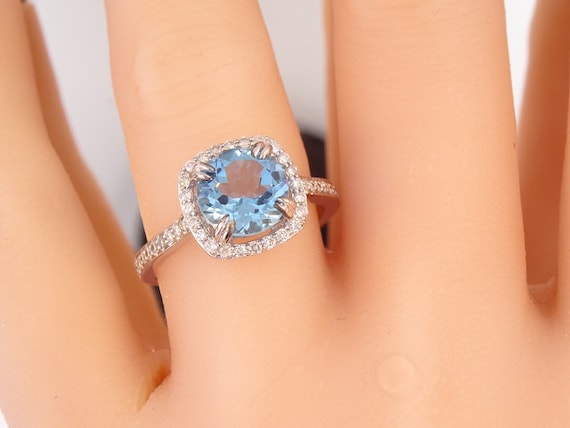 14K White Gold Diamond and Natural Blue Topaz Halo Engagement Ring Wedding Ring Anniversary Ring Art Deco Ring Antique Ring Classic Halo