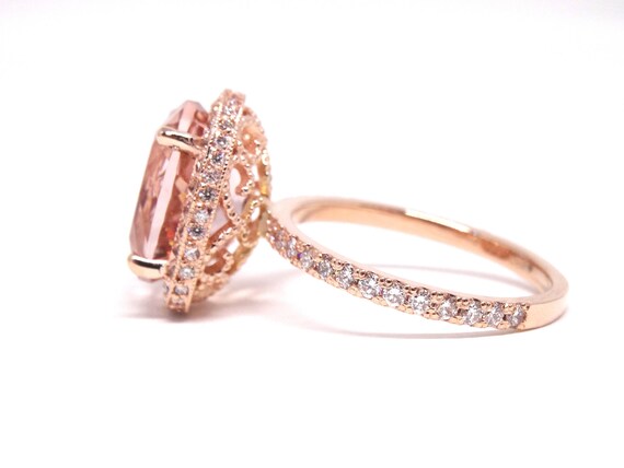 14K Rose Gold Oval Shape Morganite Diamond Engagement Ring Promise Ring Wedding Ring Anniversary Ring 18K Halo Ring White Gold Yellow Gold