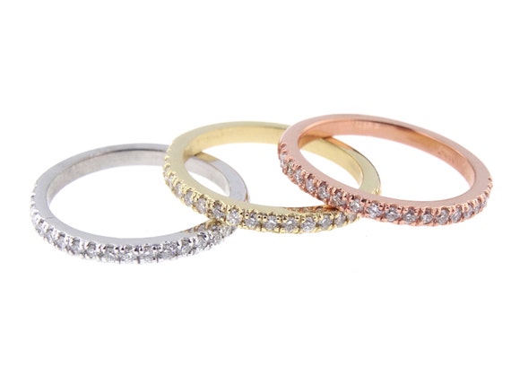 14K Tri Color Diamond Band Anniversary Band Wedding Band Stackable Band Promise Ring Platinum Yellow Gold Rose Gold White Gold Antique Band