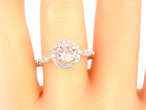 14K White Gold Round Brilliant Morganite & Diamond Halo Engagement Ring Anniversary Ring Wedding Art Deco Ring Antique Ring Rose White Gold