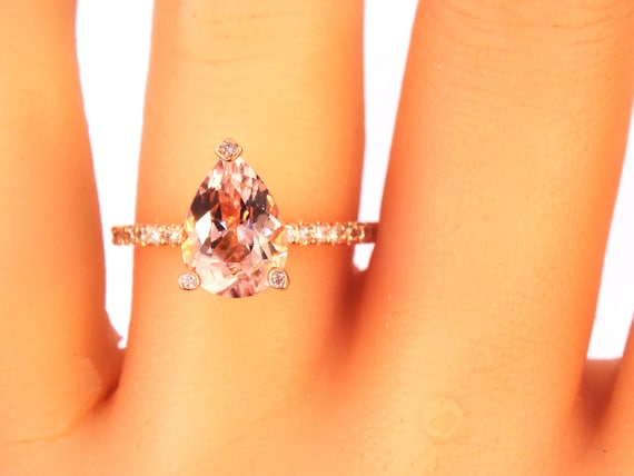 14K Rose Gold Pear Shape Morganite and Diamond Engagement Ring Wedding Ring Anniversary Ring Promise Ring Solitaire Ring Yellow Gold White