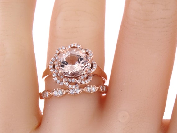 14K Rose Gold Diamond Round Morganite Wedding Set Wedding Ring Art Deco Ring Antique Ring Engagement Ring Pave Ring Yellow Gold White Gold