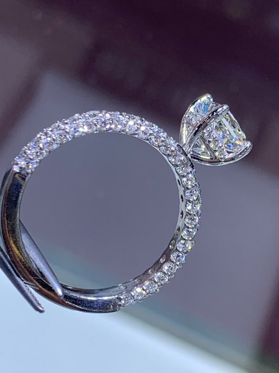 14K White Gold Radiant Diamond Under Halo 3D Band Engagement Ring Anniversary Ring Wedding Ring Promise Ring Bridal Ring Solitaire Ring Gold