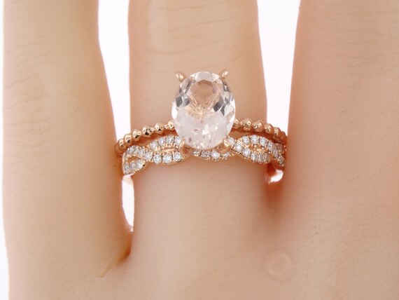 14K Rose Gold Diamond Oval Morganite Wedding Set Infinity Band Oval Stackable Ring Promise Ring Wedding Ring Engagement Ring Yellow White