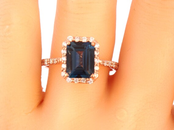 14K Rose Gold Emerald Cut London Blue Topaz Diamond Engagement Ring Wedding Ring Anniversary Ring Promise Ring Art Deco Yellow Gold White