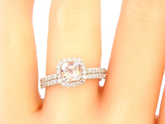 14K White Gold Morganite Diamond Halo Engagement Set Wedding Set Engagement Set Anniversary Set Promise Ring Yellow Gold Rose Gold Art Deco