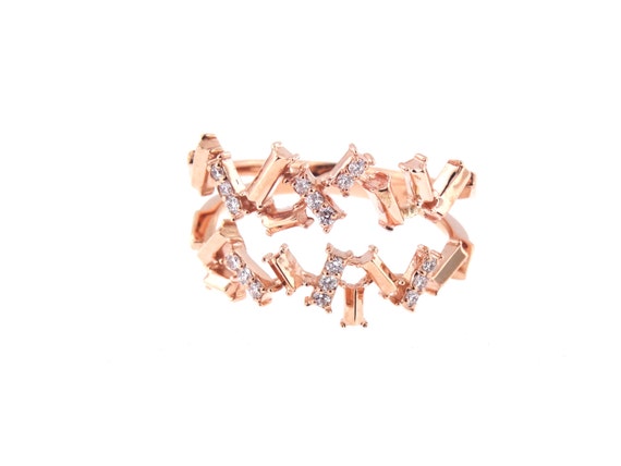 14K Rose Gold Art Deco Round Diamond Band Wedding Band Anniversary Band Antique Band Stackable Band Yellow Gold White Gold Baguette Look 18K