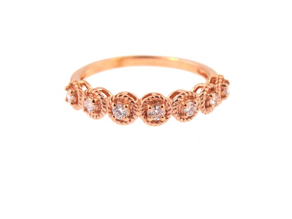 14K Rose Gold Diamond Antique Style Art Deco Bezel Set Half Eternity Band Wedding Band Anniversary Band Stackable Band Yellow White Gold 18K