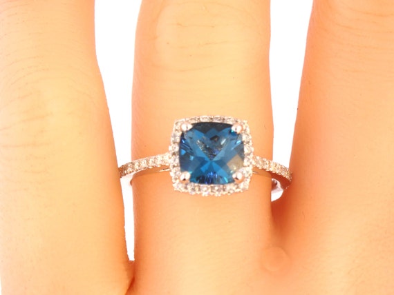 14K White Gold Cushion Cut London Blue Topaz Diamond Engagement Ring Wedding Ring Anniversary Ring Promise Ring Art Deco Yellow Rose Gold