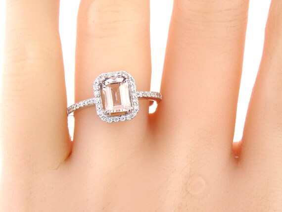 14K White Gold Emerald Cut Morganite and Diamond Engagement Ring Wedding Ring Anniversary Ring Promise Ring Solitaire Ring Rose Gold Yellow