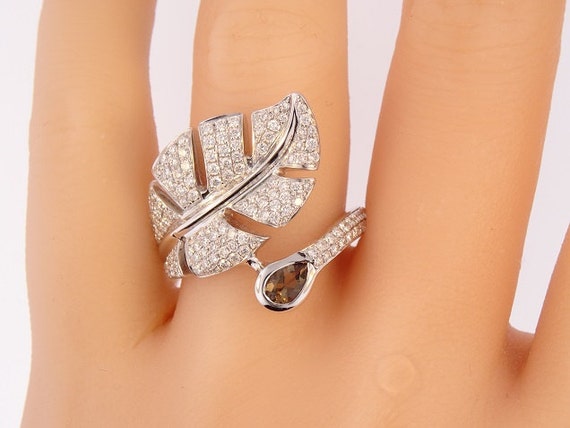 14 Karat White Gold Diamond and Smokey Topaz Leaf Ring Fashion Ring Right Hand Ring Antique Design Band