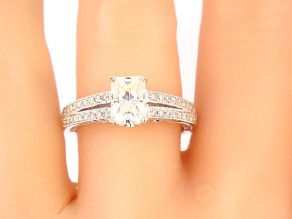 18K White Gold Diamond and 7MMx5MM Radianit Forever Brilliant Moissanite Engagement Ring Wedding Ring Art Deco Rng Antique Ring Promise Ring