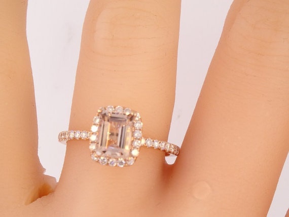 14K Rose Gold Emerald Cut Morganite Diamond Halo Engagement Ring Wedding Ring Promise Ring Antique Ring Simple Halo Ring White Gold Yellow