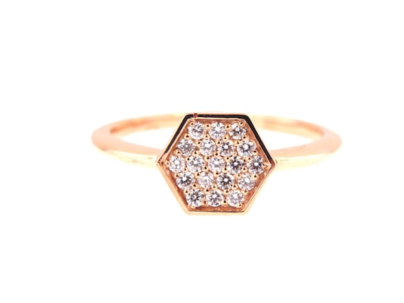 14K Rose Gold Diamond Antique Style Art Deco Hexagon Shape Band Wedding Band Anniversary Band Stackable Band Yellow White Gold 18K Fashion
