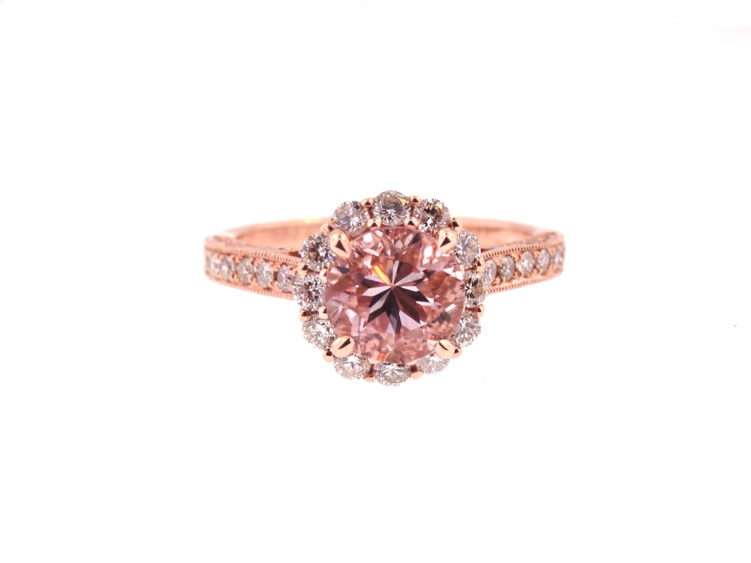 14K Rose Gold Diamond Round Morganite Engagement Ring Wedding | Etsy