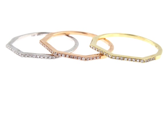 14K Tri-Color Prong Set Diamond Band Anniversary Band Wedding Band Stackable Band Promise Ring Yellow Gold White Gold Rose Gold Platinum 18K